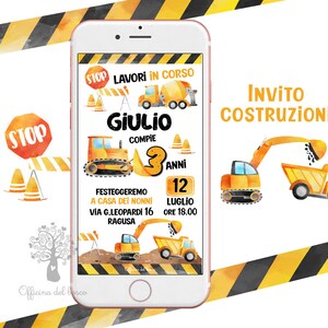 Invito Digitale COSTRUZIONI, Cantiere Edile, Gru, Scavatore, RUSPA, CAMION invito festa , 1 anno, 2 anni, 3 anni, Battesimo, compleanno