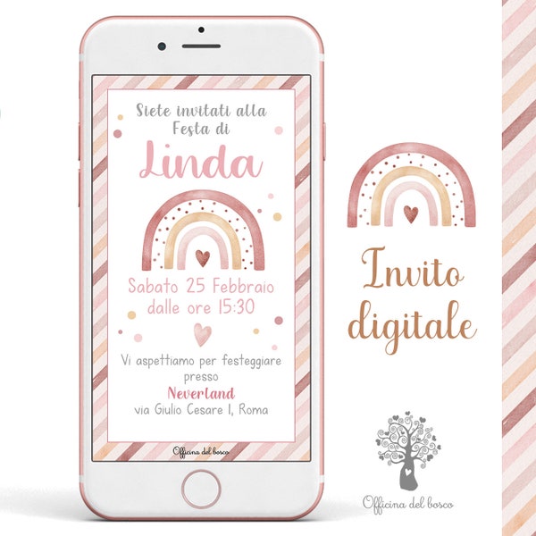 Invito Digitale ARCOBALENO boho, colori pastello, bambino bambina, invito festa, 1 anno, 2 anni, Battesimo, compleanno, comunione, cresima