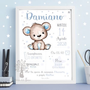 Quadretto Nascita - PDF o STAMPA con CORNICE Orsetto teddy - Poster ricordo bimbo, quadro, idea regalo nascita bambino, bambina, compleanno