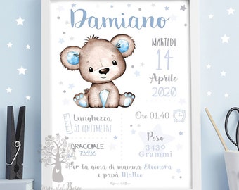 Quadretto Nascita - PDF o STAMPA con CORNICE Orsetto teddy - Poster ricordo bimbo, quadro, idea regalo nascita bambino, bambina, compleanno