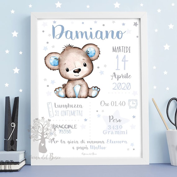 Quadretto Nascita - PDF o STAMPA con CORNICE Orsetto teddy - Poster ricordo  bimbo, quadro, idea regalo nascita bambino, bambina, compleanno