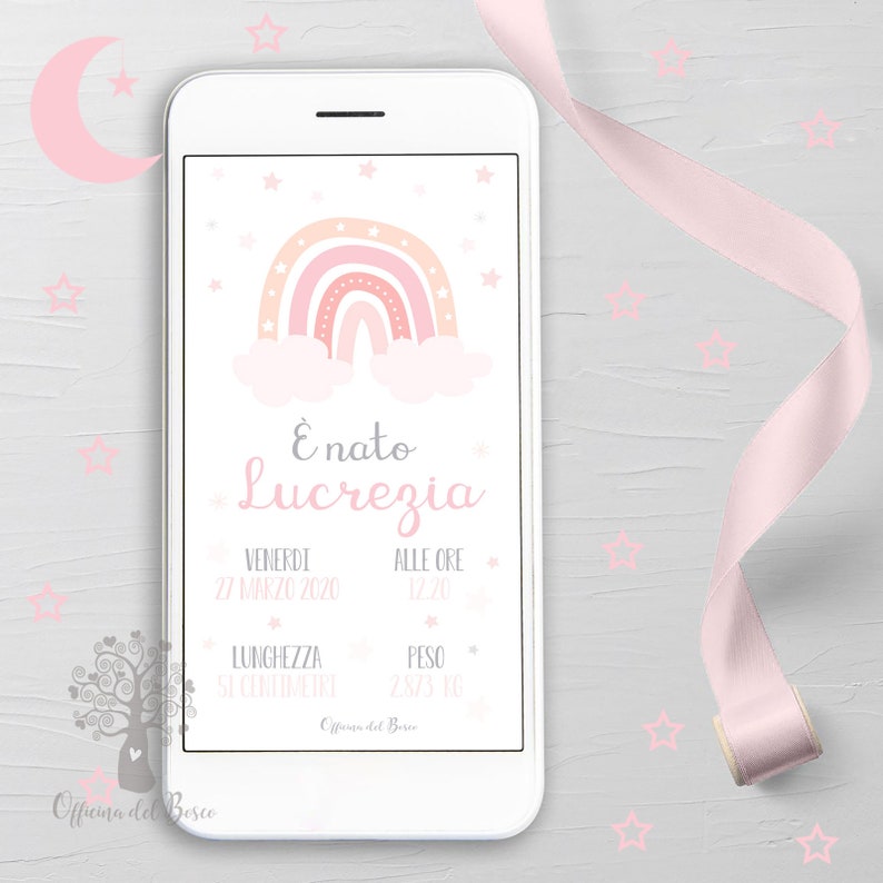 May include: A pink and white phone screen with a rainbow, clouds, and stars. The text on the screen reads "E' nato Lucrezia", "Venerdi 27 Marzo 2020", "Alle ore 12:20", "Lunghezza 51 centimetri", and "Peso 2873 kg".