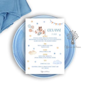 Menù cerimonia, bambino o bambina, festa battesimo, menù segnaposto, festa di compleanno, comunione, cresima, orsetto, farfalle, giostra