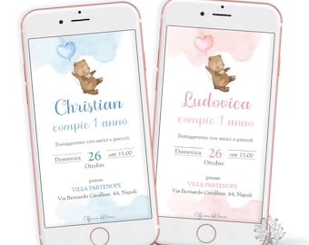 Digital invitation TEDDY BEAR, baptism, birthday, communion, boy, girl, digital invitation, birthday invitation, pink, blue