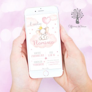 May include: A pink and white digital announcement card with a cartoon elephant holding a pink heart balloon. The text reads "E' nata Flaminia" and includes the baby's birthdate, weight, and length. The card is designed by Officina del bosco.