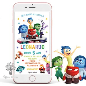 Invito Digitale Inside Out 2, cartoni animati, whatsapp invito festa gioia, tristezza, cartone animato, compleanno, comunione, cresima
