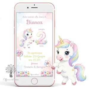 Invito Digitale UNICORNO ARCOBALENO whatsapp festa personalizzabile invito festa party kit, Battesimo, compleanno, 1 anno, 2 anni, bambina