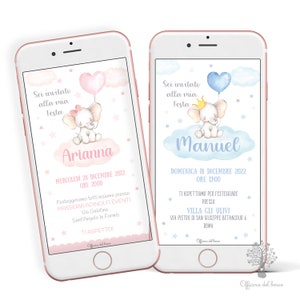 Invito ELEFANTINO NUVOLA INVITO digitale annuncio nascita, invito per feste di battesimo, invito compleanno, cresima neonato, rosa, azzurro