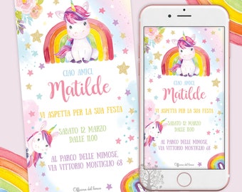 May include: A pink and blue invitation with a rainbow and a unicorn. The text reads "Ciao Amici, Matilde Vi Aspetta Per La Sua Festa Sabato 12 Marzo Dalle 1100 Al Parco Delle Mimose, Via Vittorio Montiglio 68".