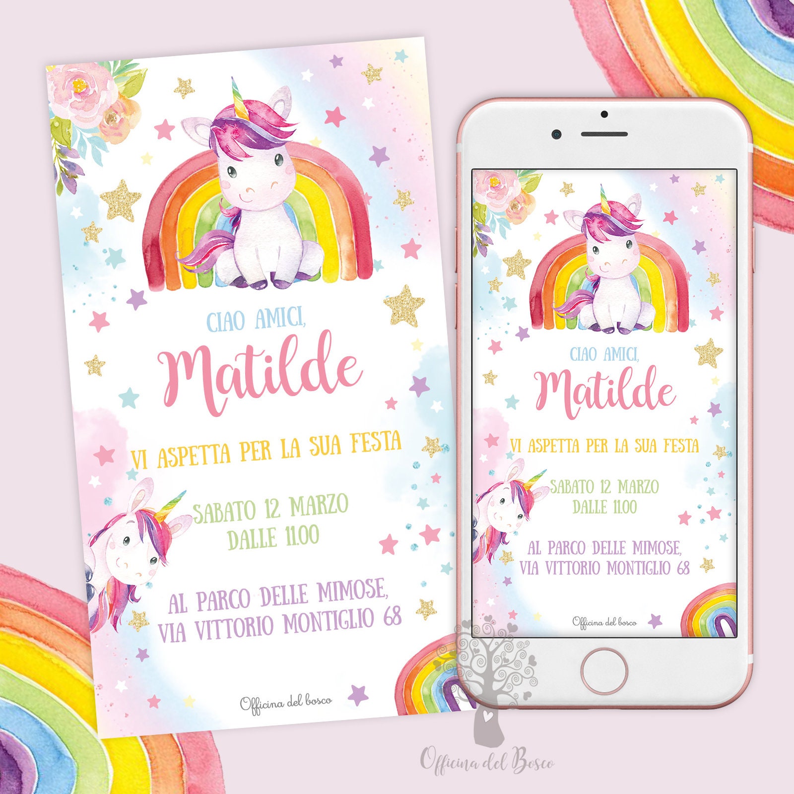 con colori pastello set di 6 cartoline per inviti JamOnMedia con simpatico unicorno su uno sfondo di arcobaleno e nuvole ideale per le bambine ideale per i compleanni dei bambini 