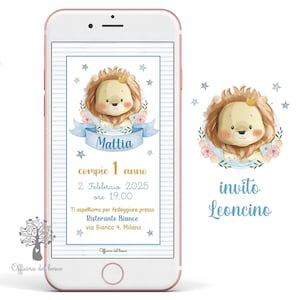 Invito FESTA LEONE Digitale invito whatsapp, leoncino, Primo compleanno,  bambino, 1 anno, 2 anni, Battesimo, compleanno, azzurro, pastello