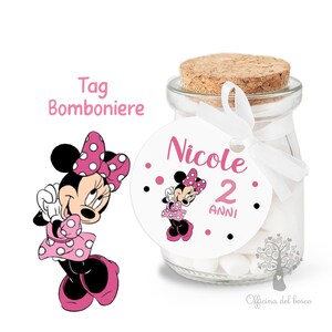 BIGLIETTO, NO VASETTO, Minnie Topolina, segnaposto o bomboniera, Tag rotondo è nata, battesimo, primo compleanno, bambina, cerimona, festa