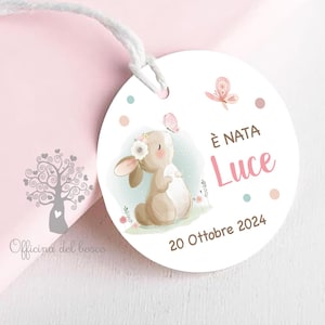 BIGLIETTO bomboniera, Coniglietto Farfalle, NO VASETTO, rotondo è nata, rosa, nascita bambina, personalizzabili, bomboniera battesimo