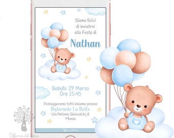 Digital invitation TEDDY BEAR, baptism, birthday, communion, boy, girl, digital invitation, birthday invitation, pink, blue