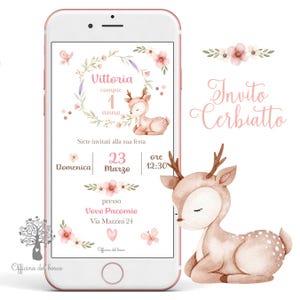 Invito Digitale FIORI PRIMAVERA Cerbiatto bambina Biglietto invito festa,  Battesimo, compleanno, rosa, primo compleanno, comunione, cresima
