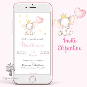 Invito Digitale ELEFANTINO con palloncino cuore, luna, invito festa, Invito compleanno, bambina, rosa, invito Battesimo, comunione, cresima