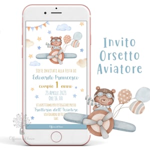 Invito digitale ORSETTO AVIATORE invito festa whatsapp, 1 anno, 2 anni, Battesimo, compleanno, comunione, cresima