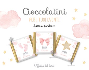 Cioccolatini Nascita Fiocco, Piedini, Stellina con Etichette personalizzate, evento, cerimonia segnaposto, battesimo, cresima, comunione