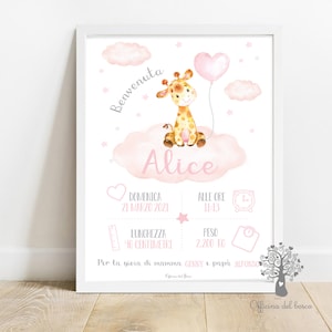 Quadretto Nascita GIRAFFA NUVOLE - Poster ricordo bimbo - quadro - idea regalo per nascita per bambino e bambina