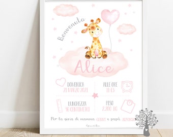 Quadretto Nascita GIRAFFA NUVOLE - Poster ricordo bimbo - quadro - idea regalo per nascita per bambino e bambina