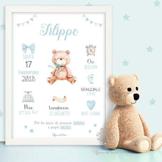 Quadretto Nascita Orsetto teddy Poster ricordo bimbo quadro idea regalo per  nascita per bambino e bambina -  Italia