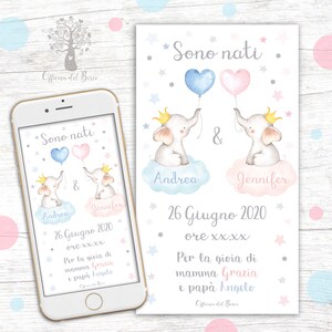 May include: A digital announcement card featuring a watercolour illustration of two baby elephants holding blue and pink heart balloons. The text reads "Sono nati" which translates to "They are born" in English. The card also includes the names Andrea and Jennifer, the date 26 June 2020, and the time xx,xx.