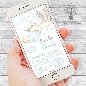 May include: A digital announcement card with a blue and white stork carrying a baby in a blue blanket. The card says "E nato Noah" and includes the baby's birthdate, time, weight, and length.