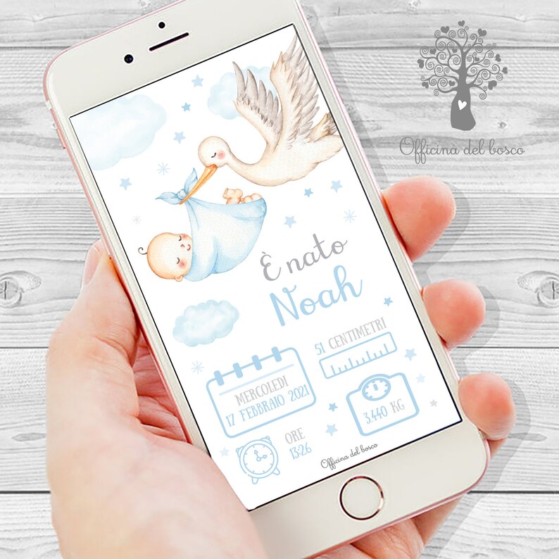 May include: A digital announcement card with a blue and white stork carrying a baby in a blue blanket. The card says "E nato Noah" and includes the baby's birthdate, time, weight, and length.