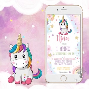 Invito Digitale whatsapp UNICORNO e ARCOBALENO festa personalizzabile  invito festa party kit, Battesimo, compleanno, 1 anno, 2 anni