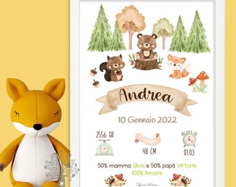 Quadretto Nascita Animali del bosco Woodland Poster ricordo bimbo - quadro - idea regalo per nascita per bambino e bambina regalo compleanno