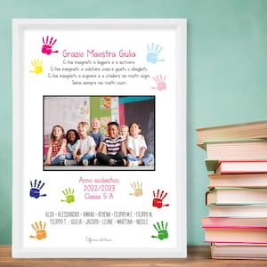 Può includere: Un poster incorniciato di ringraziamento per un'insegnante di nome Giulia. Il poster presenta una foto di un gruppo di bambini, impronte di mani e il testo "Grazie Maestra Giulia". Il poster include anche il testo "Anno scolastico 2022/2023 Classe 5 A" e un elenco di nomi degli studenti.