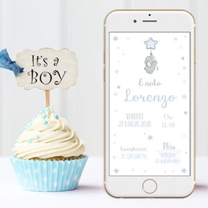 May include: A blue and white baby announcement card featuring a cartoon elephant holding a star balloon. The card reads "E nato Lorenzo" and includes the baby's birth date, time, length, and weight.