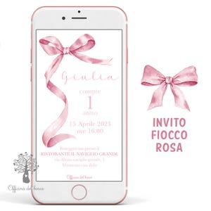 Invito Fiocco INVITO digitale, disegnato a mano rosa, azzurro  annuncio nascita, invito battesimo, primo compleanno, bambino, bambina