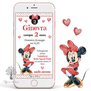 Invito Digitale TOPOLINA MINNIE personalizzato, rosso o rosa, invito festa , 1 anno, 2 anni, Battesimo, compleanno, comunione, cresima
