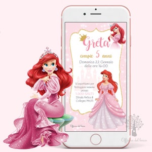 Invito Sirenetta Ariel  principesse  festa 1 anno, 2 anni, 3 anni, 4 anni e 5 anni, 6 anni Battesimo, compleanno, comunione, cresima bambina