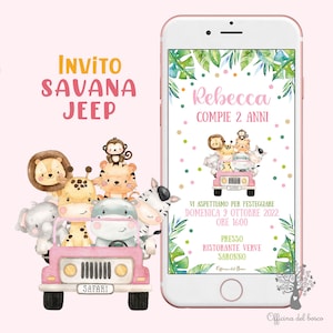 Invito digitale animali della SAVANA JEEP invito festa whatsapp, 1 anno, 2 anni, Battesimo, compleanno, comunione, cresima