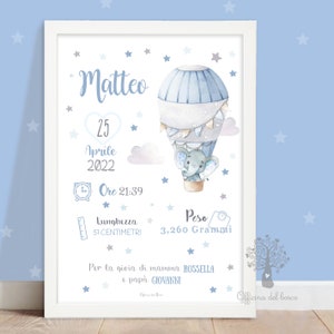 Quadretto Nascita Mongolfiera- Elefante, Coniglietto o Orso Poster ricordo bimbo - quadro - idea regalo per nascita per bambino e bambina