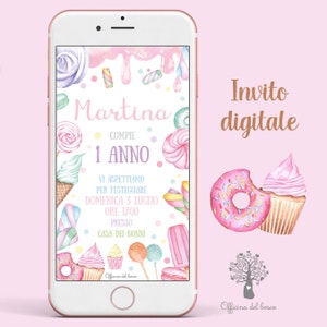 Invito Digitale Festa DOLCETTI Candy per BAMBINA, Bambino, tanti temi , Bambi, invito festa Battesimo, compleanno, comunione, cresima