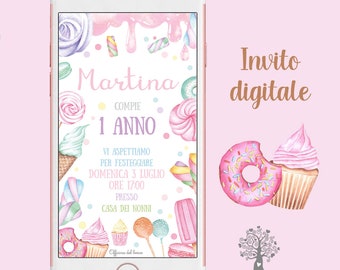Digital Party Invitation with marshmallows and sweets for a GIRL, personalized, sweet, Baptism, birthday, communion, confirmation