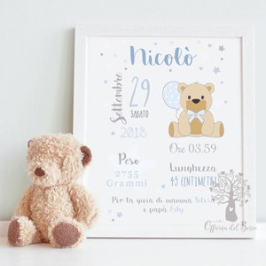 Quadretto Nascita poster Orsetto PDF o STAMPA con CORNICE rosa o azzurro - idea regalo per nascita per bambino e bambina