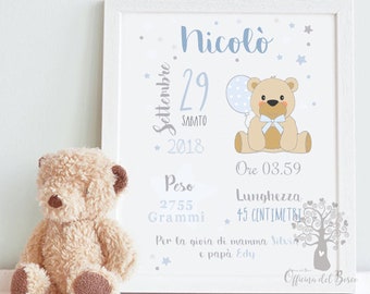 Quadretto Nascita poster Orsetto PDF o STAMPA con CORNICE rosa o azzurro - idea regalo per nascita per bambino e bambina
