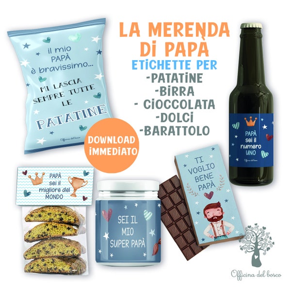 Pdf Digitale stampabile La merenda di PAPà, festà del papà etichette patatine, birra, cioccolata, Idea regalo papà, compleanno papà, natale