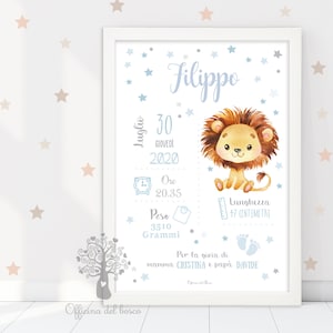 Quadretto Nascita LEONE  Pdf o STAMPA con CORNICE - Poster ricordo - idea regalo per nascita per bambino, natale, compleanno, leoncino