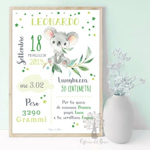 Quadretto Nascita Koala - PDF o STAMPA con CORNICE Poster ricordo bimbo - quadro nascita  - idea regalo per nascita per bambino e bambina