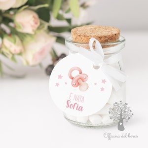 Bigliettini NO VASETTO Tag Bomboniere Nascita, rotondo è nato, Rosa, Azzurro, Personalizzati, battesimo, baby shower, nascita personalizzati