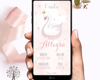 May include: A pink and white digital announcement with a white swan wearing a gold crown. The text reads "E' nata Allegra" and includes the date and time of birth, length, and weight.