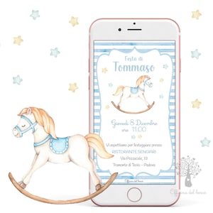 Invito Digitale CAVALLO a DONDOLO, cavalluccio, invito festa, invito primo compleanno, compleanno, bambino o bambina, battesimo, comunione