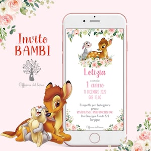 Invito Digitale Festa Bambi per BAMBINA, Bambino, tanti temi , Banbi, rosa invito festa Battesimo, compleanno, comunione, cresima