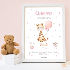 Quadretto Nascita giraffa  rosa o azzurro - idea regalo per nascita per bambino e bambina
