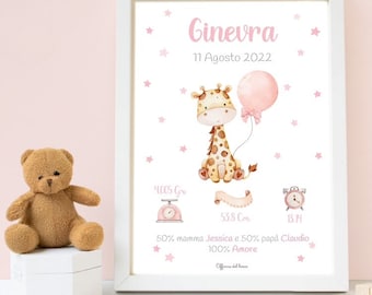 Quadretto Nascita giraffa  rosa o azzurro - idea regalo per nascita per bambino e bambina
